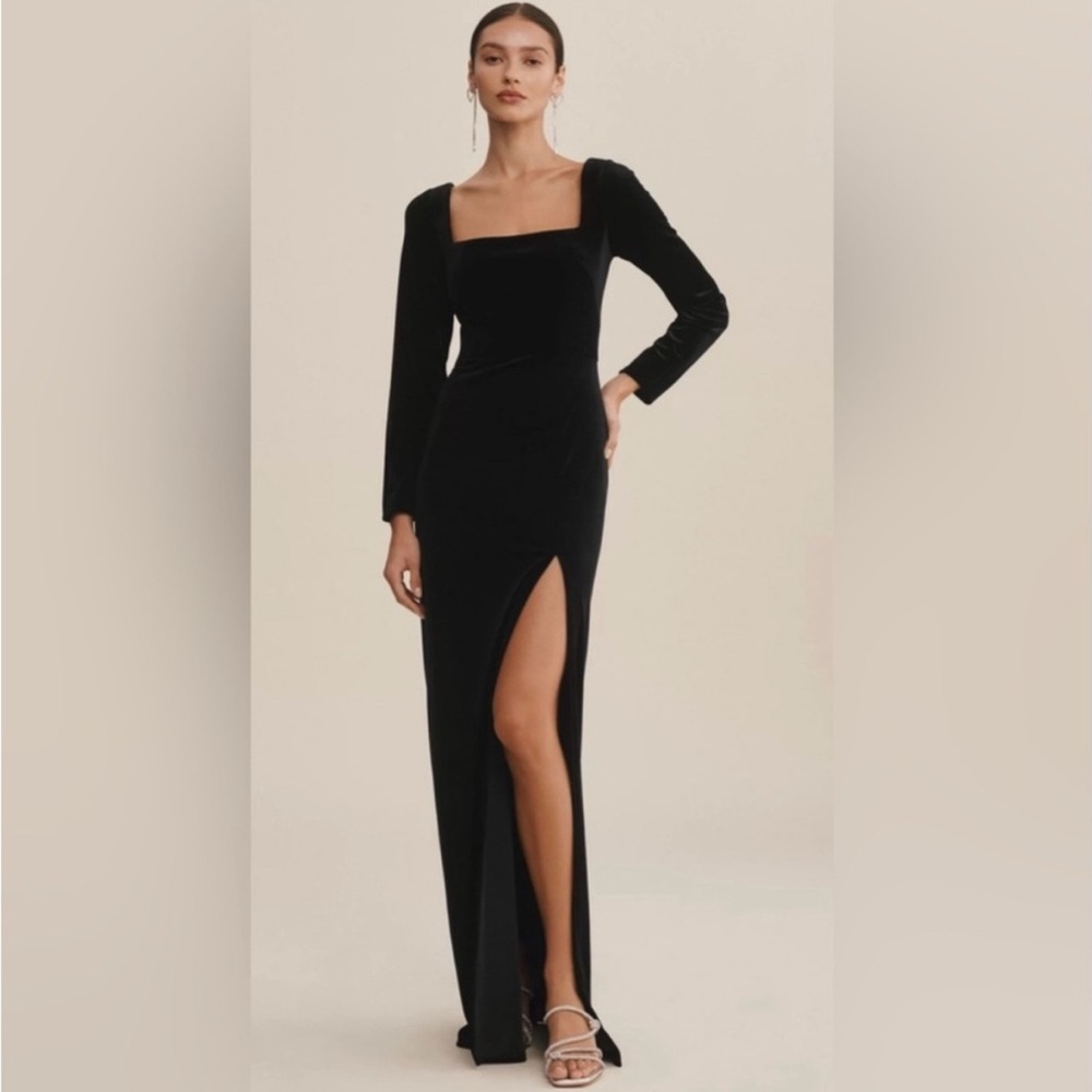 Jenny Yoo Rachel Square-Neck Long-Sleeve Side Slit Black Velvet Gown